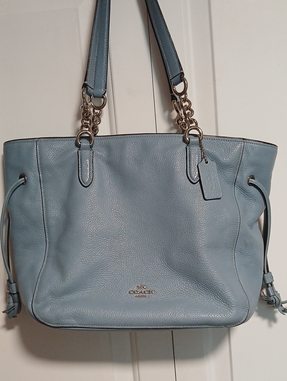 Coach Light Blue Pebbled Leather Tote with Chain-Strap Details